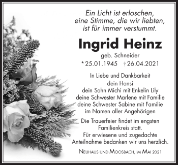 Traueranzeige von Ingrid Heinz von Südthüringer Presse