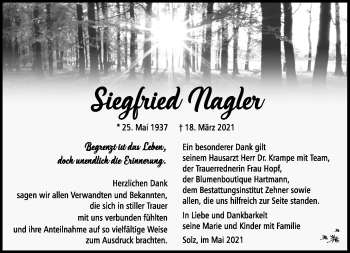 Traueranzeige von Siegfried Nagler von Südthüringer Presse