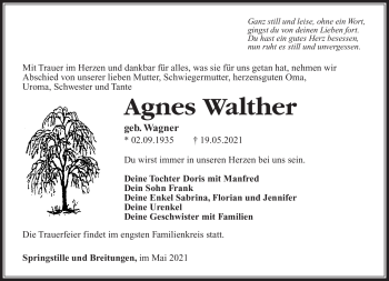 Traueranzeige von Agnes Walther von Südthüringer Presse