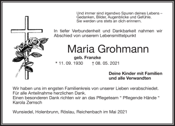 Traueranzeige von Maria Grohmann von Frankenpost