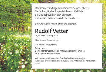 Traueranzeige von Rudolf Vetter von Frankenpost