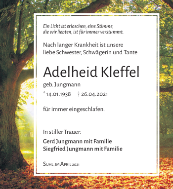Traueranzeige von Adelheid Kleffel von Südthüringer Presse