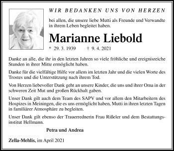 Traueranzeige von Marianne Liebold von Südthüringer Presse