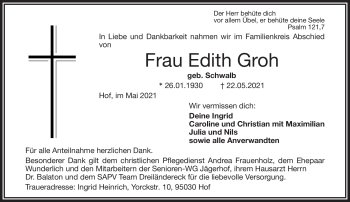 Traueranzeige von Edith Gro von Frankenpost