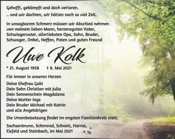 Traueranzeige von Uwe Kolk von Südthüringer Presse