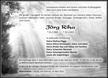 Traueranzeige von Jörg Riha von Südthüringer Presse