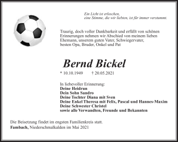 Traueranzeige von Bernd Bickel von Südthüringer Presse