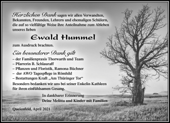 Traueranzeige von Ewald Hummel von Südthüringer Presse