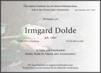 Traueranzeige von Irmgard Dolde von Frankenpost