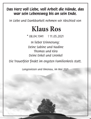 Traueranzeige von Klaus Ros von Südthüringer Presse
