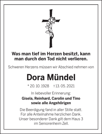 Traueranzeige von Dora Mündel von Frankenpost