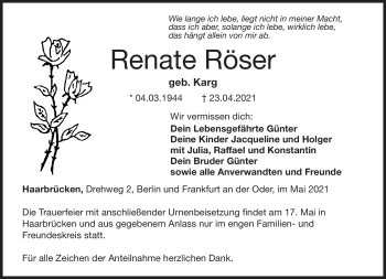 Traueranzeige von Renate Röser von Neue Presse Coburg