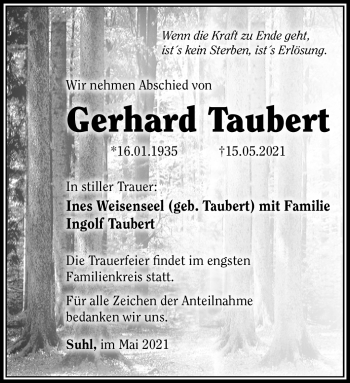 Traueranzeige von Gerhard Taubert von Südthüringer Presse