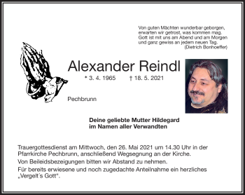 Traueranzeige von Alexander Reindl von Frankenpost