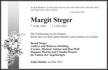 Traueranzeige von Margit Steger von Südthüringer Presse
