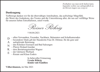 Traueranzeige von Reiner Röhrig von Südthüringer Presse