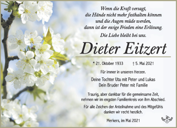Traueranzeige von Dieter Eitzert von Südthüringer Presse