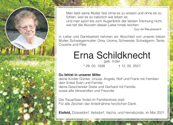 Traueranzeige von Erna Schildknecht von Südthüringer Presse