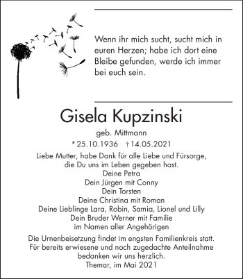 Traueranzeige von Gisela Kupzinski von Südthüringer Presse