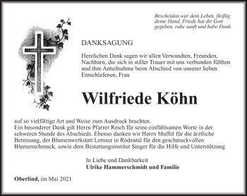 Traueranzeige von Wilfriede Köhn von Südthüringer Presse