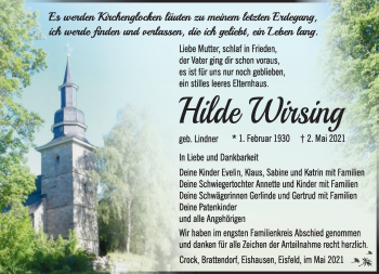 Traueranzeige von Hilde Wirsing von Südthüringer Presse