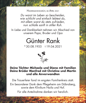 Traueranzeige von Günter Rank von Frankenpost