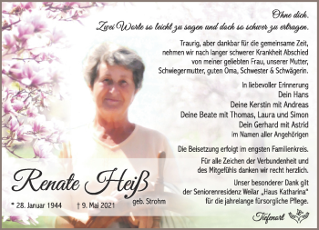Traueranzeige von Renate Heiß von Südthüringer Presse