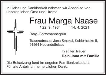 Traueranzeige von Marga Naase von Frankenpost