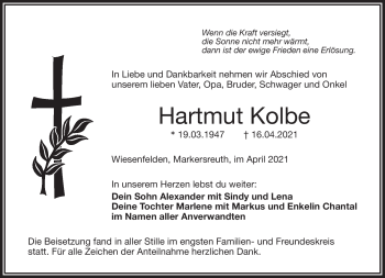 Traueranzeige von Hartmut Kolbe von Frankenpost