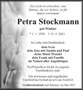 Traueranzeige von Petra Stockmann von Südthüringer Presse