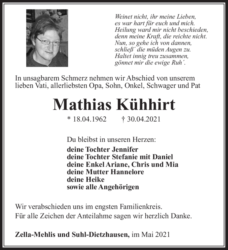  Traueranzeige für Mathias Kühhirt vom 08.05.2021 aus Südthüringer Presse