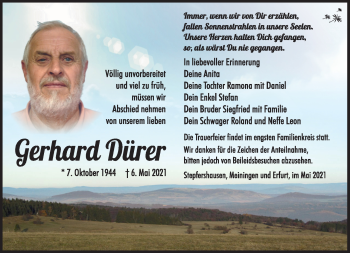 Traueranzeige von Gerhard Dürer von Südthüringer Presse