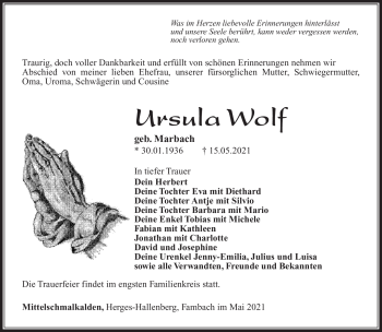 Traueranzeige von Ursula Wolf von Südthüringer Presse