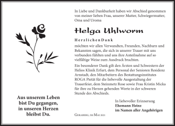 Traueranzeige von Helga Uhlworm von Südthüringer Presse