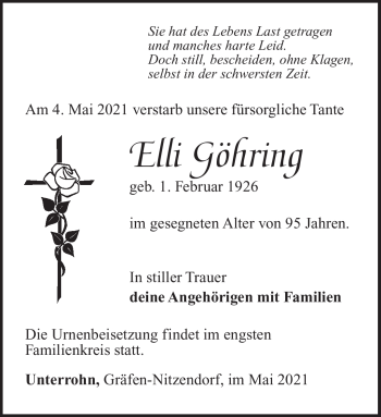 Traueranzeige von Elli Göhring von Südthüringer Presse