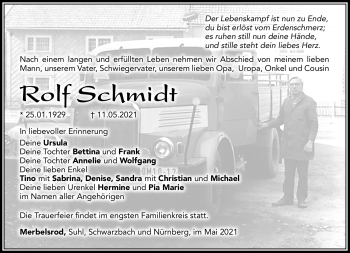 Traueranzeige von Rolf Schmidt von Südthüringer Presse