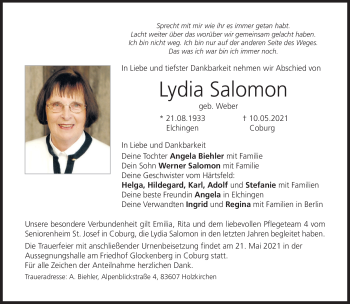 Traueranzeige von Lydia Salomon von Neue Presse Coburg