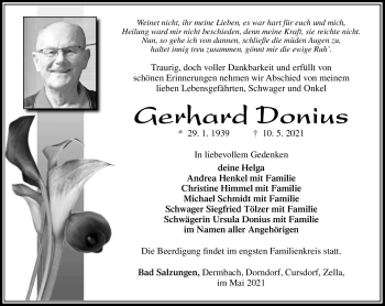 Traueranzeige von Gerhard Donius von Südthüringer Presse