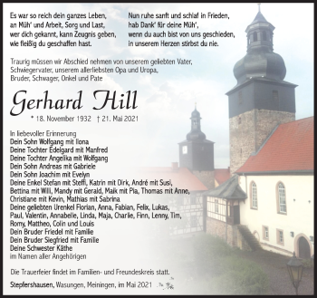 Traueranzeige von Gerhard Hill von Südthüringer Presse