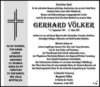 Traueranzeige von Gerhard Völker von Südthüringer Presse