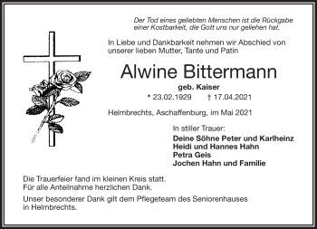 Traueranzeige von Alwine Bittermann von Frankenpost