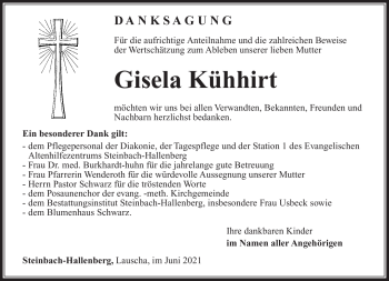Traueranzeige von Gisela Kühhirt von Südthüringer Presse