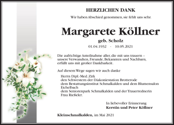 Traueranzeige von Margarete Köllner von Südthüringer Presse