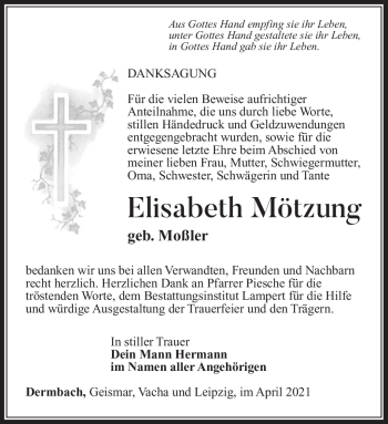 Traueranzeige von Elisabeth Mötzung von Südthüringer Presse