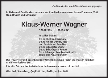 Traueranzeige von Klaus-Werner Wagner von Südthüringer Presse