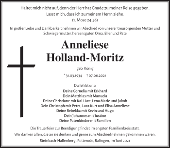 Traueranzeige von Anneliese Holland-Moritz von Südthüringer Presse