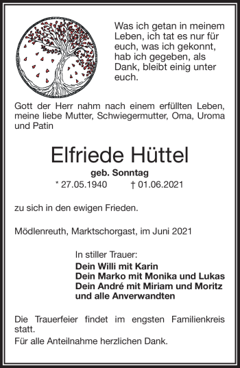 Traueranzeige von Elfriede Hüttel von Frankenpost