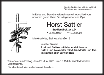 Traueranzeige von Horst Sattler von Frankenpost