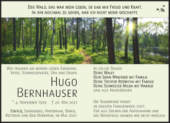 Traueranzeige von Hugo Bernhauser von Südthüringer Presse