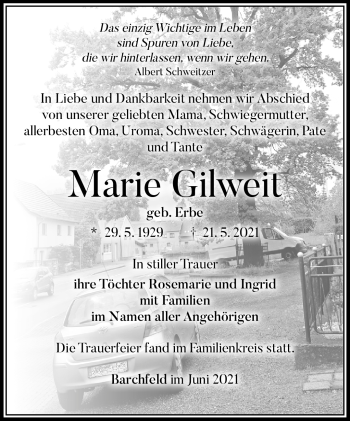 Traueranzeige von Marie Gilweit von Südthüringer Presse